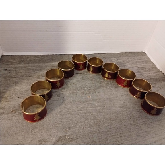Set Of 10 Christmas Red Enameled Napkin Rings With Tree - Picture 6 of 6